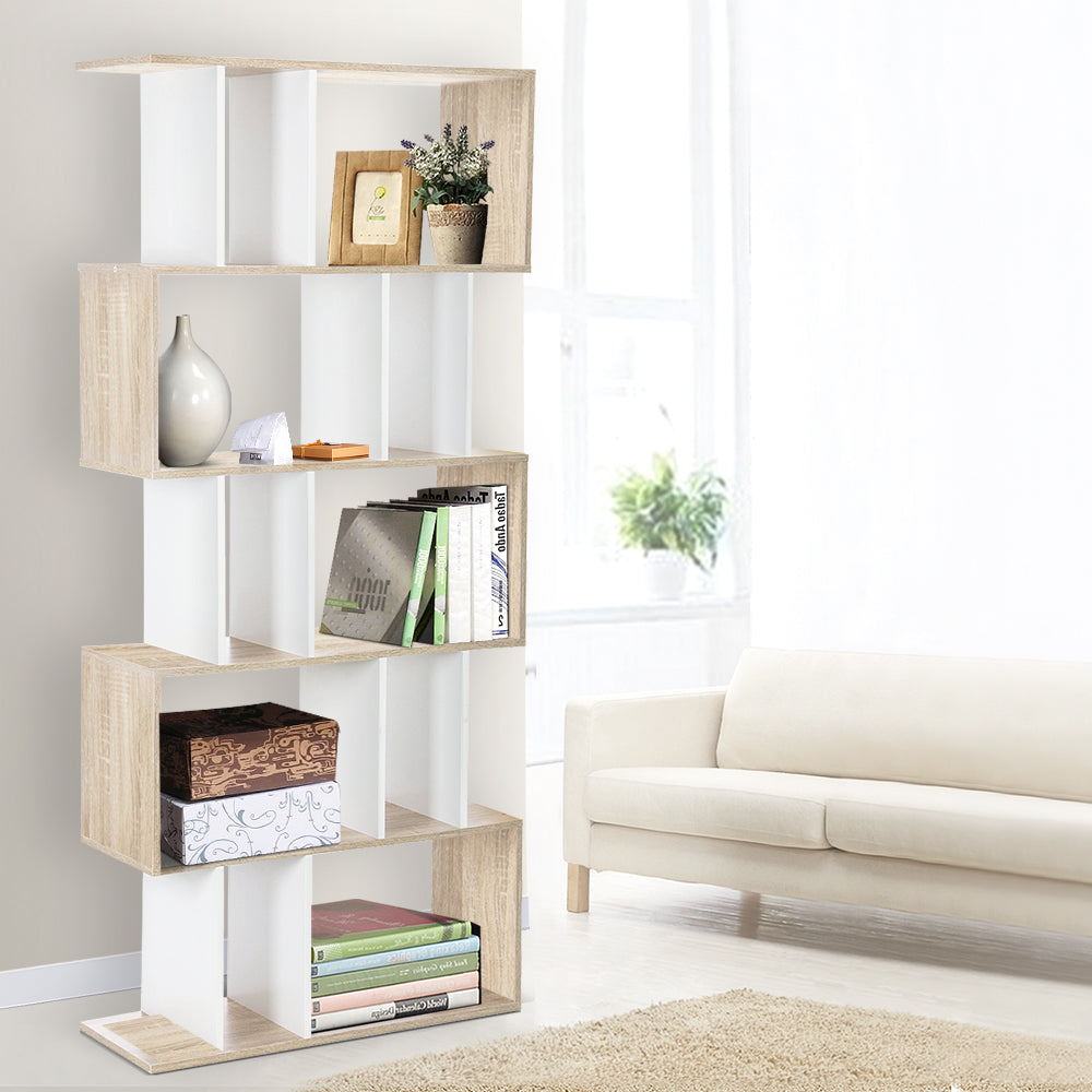Artiss Bookshelf 5 Tiers - RITA White and Oak-0