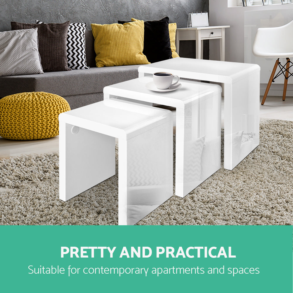 Artiss Nesting Coffee Table Set of 3 Glossy White-3