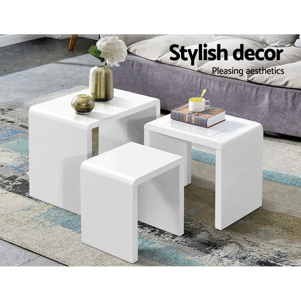 Artiss Nesting Coffee Table Set of 3 Glossy White-3