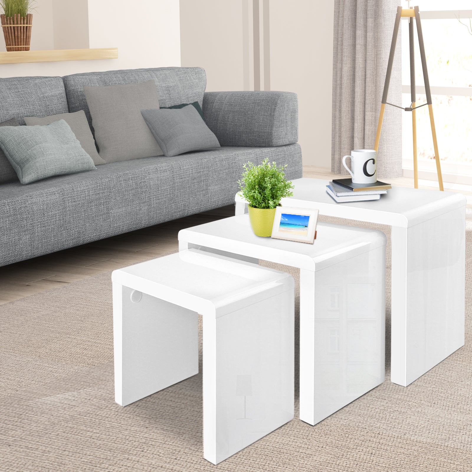 Artiss Nesting Coffee Table Set of 3 Glossy White-6