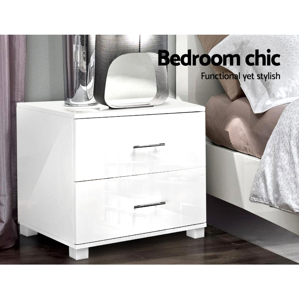 Artiss Bedside Table 2 Drawers High Gloss - White-4