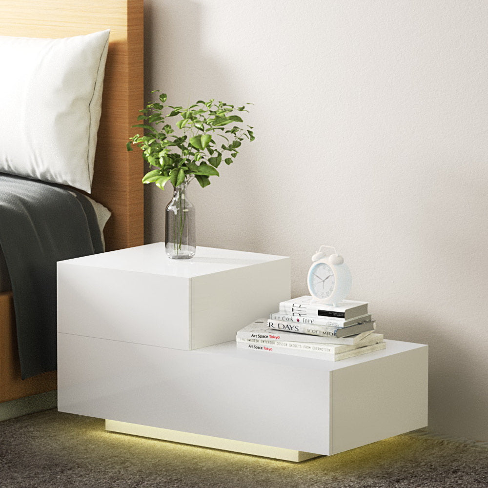 Artiss Bedside Tables LED 2 Drawers - REMI White-7