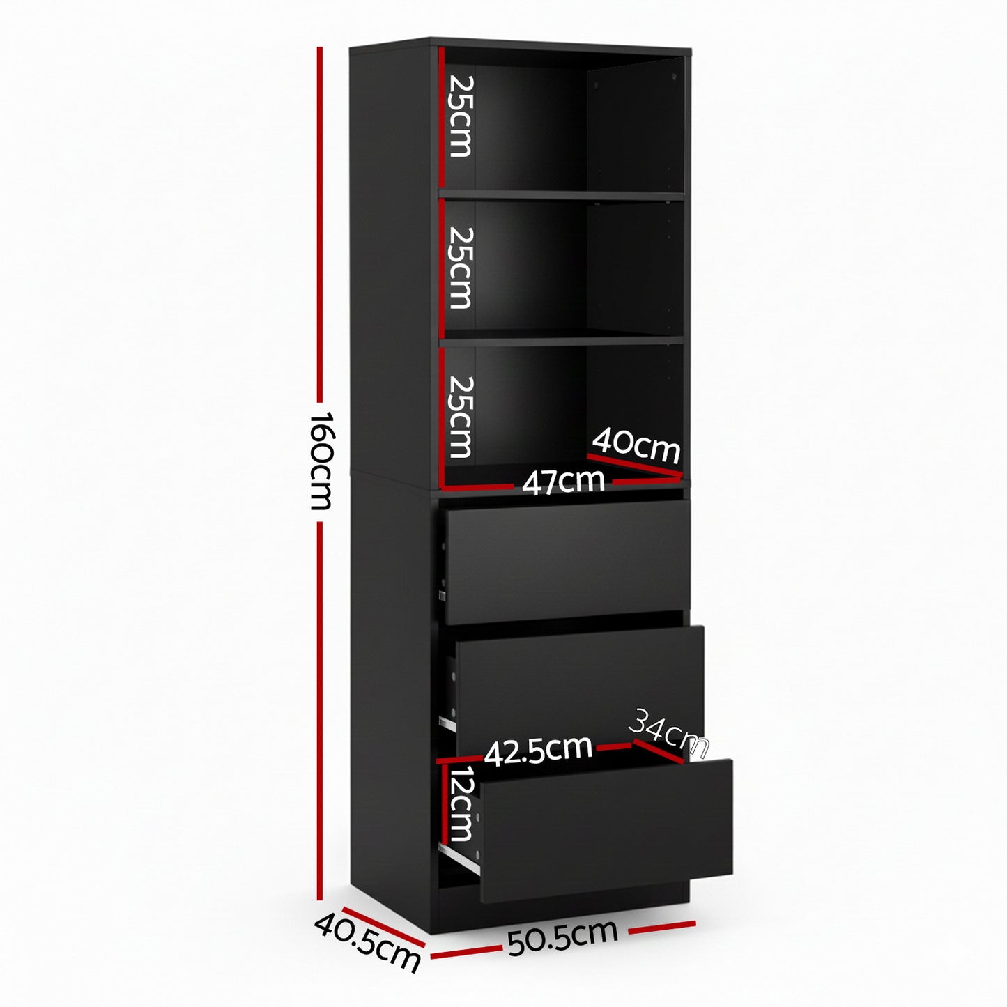 Artiss 3 Chest of Drawers Tallboy Cabinet Black-2