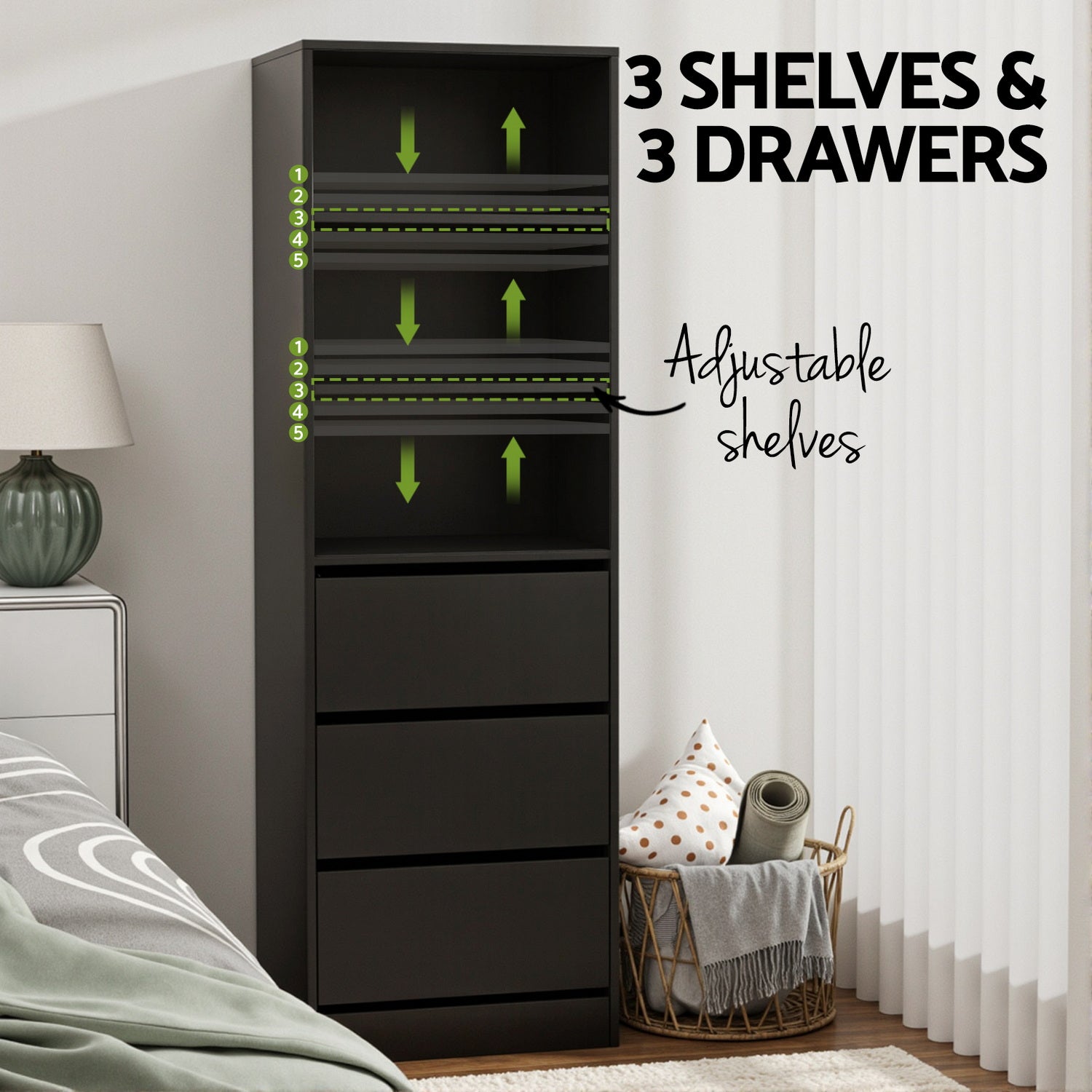 Artiss 3 Chest of Drawers Tallboy Cabinet Black-4