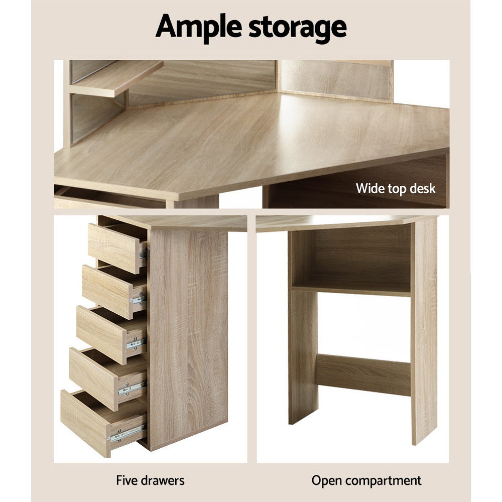 Artiss Dressing Table Stool Set Corner 5 Drawers Oak-6