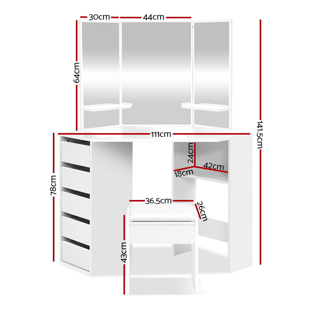 Artiss Dressing Table Stool Set Corner 5 Drawers White-1