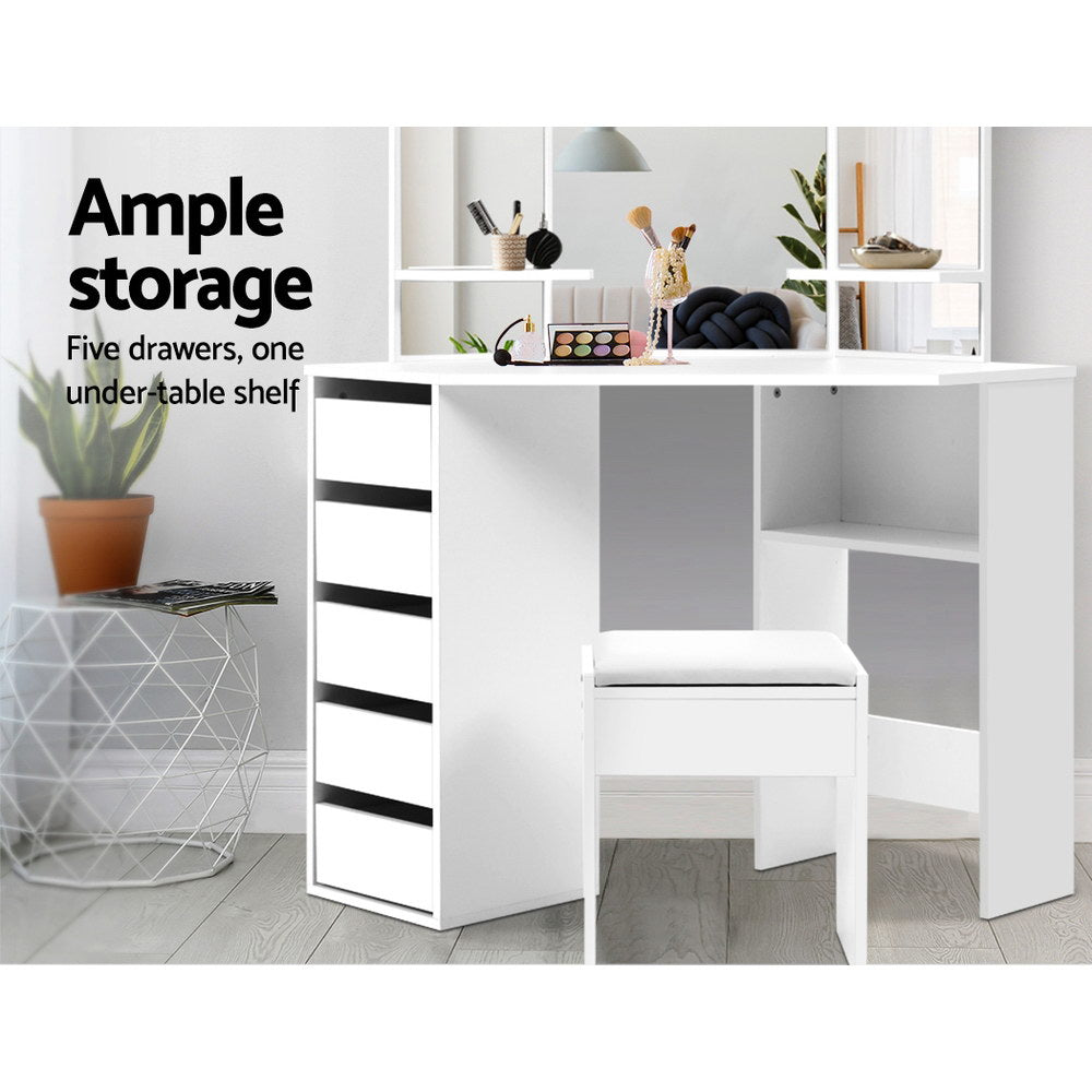 Artiss Dressing Table Stool Set Corner 5 Drawers White-4