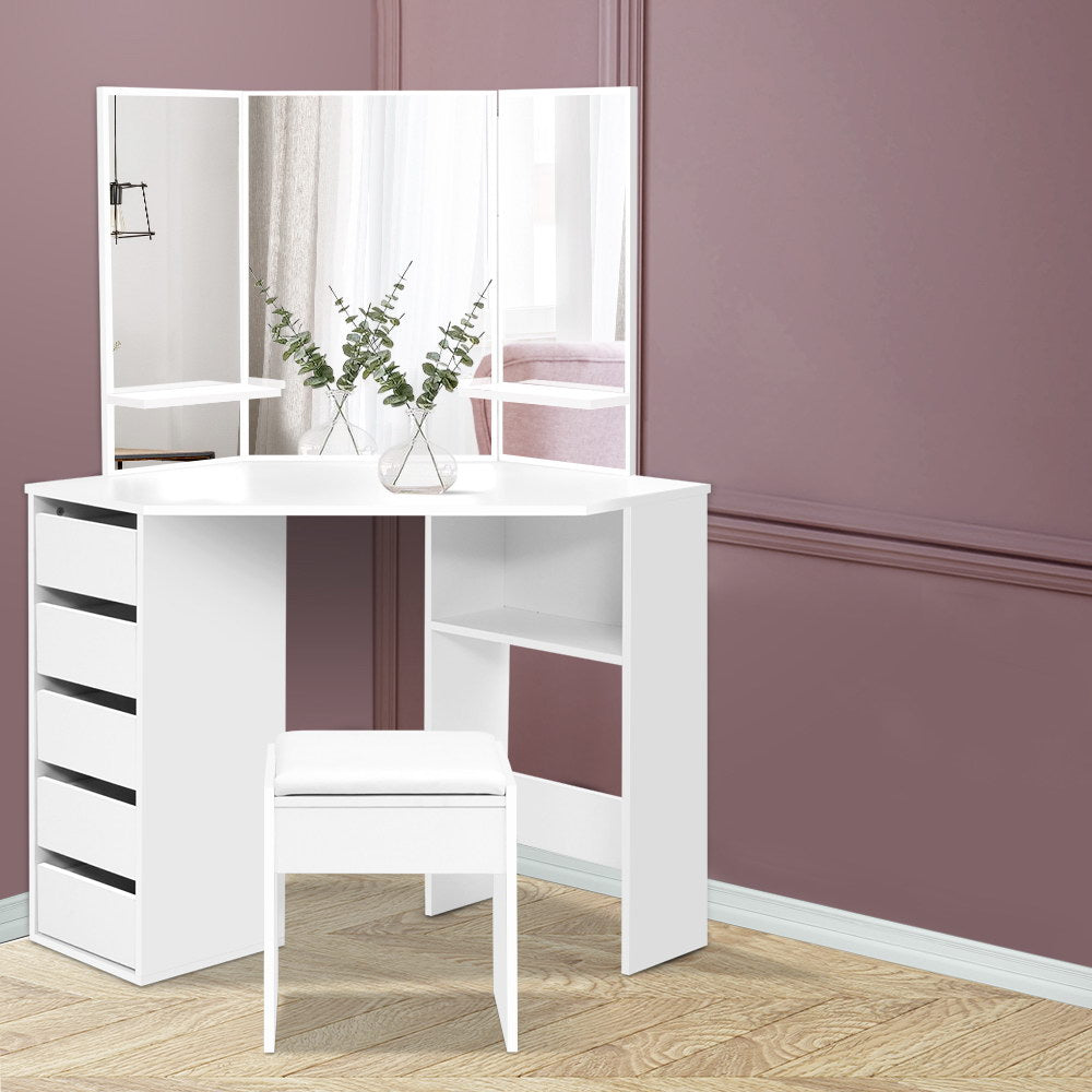 Artiss Dressing Table Stool Set Corner 5 Drawers White-7