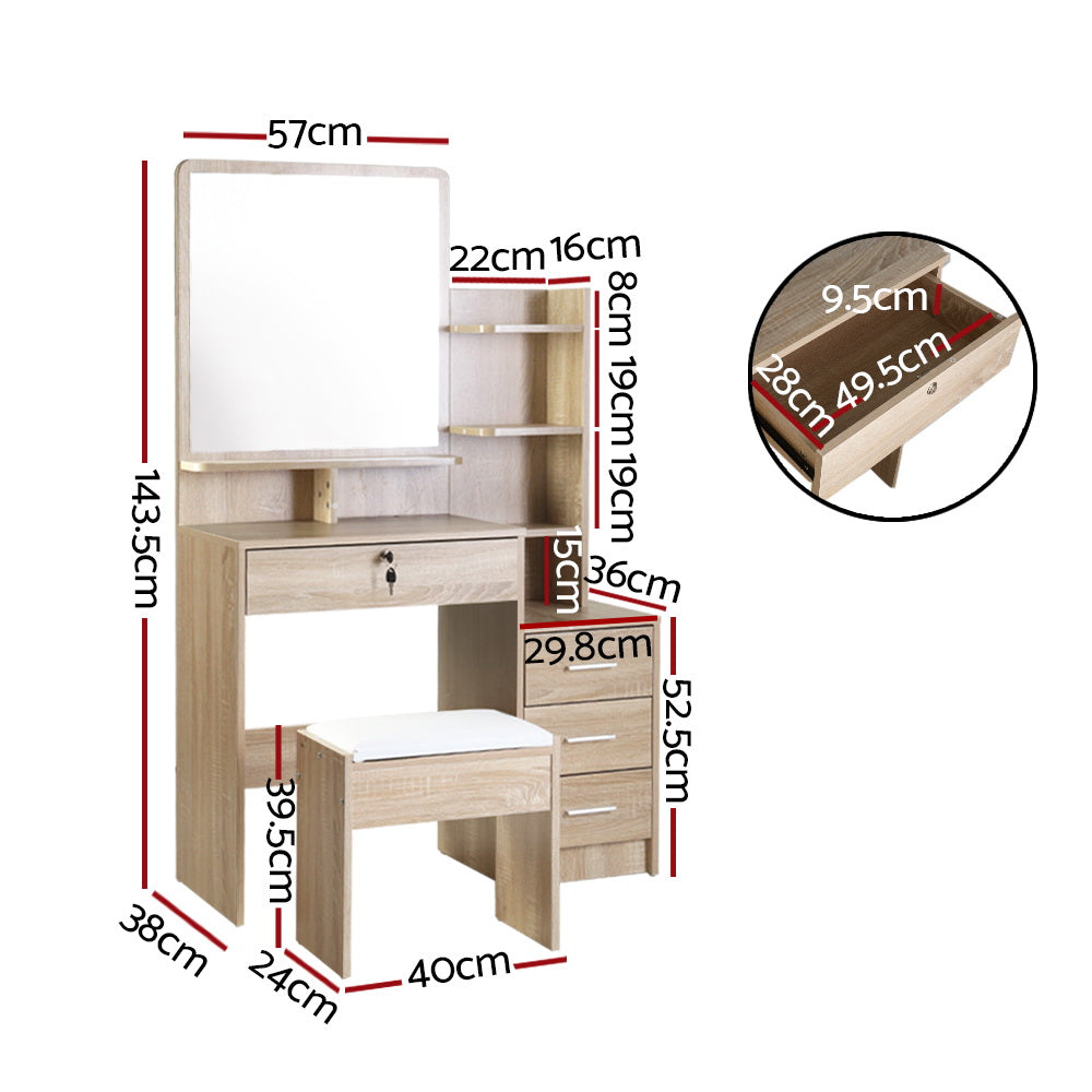 Artiss Dressing Table Stool Set 4 Drawers Oak-1