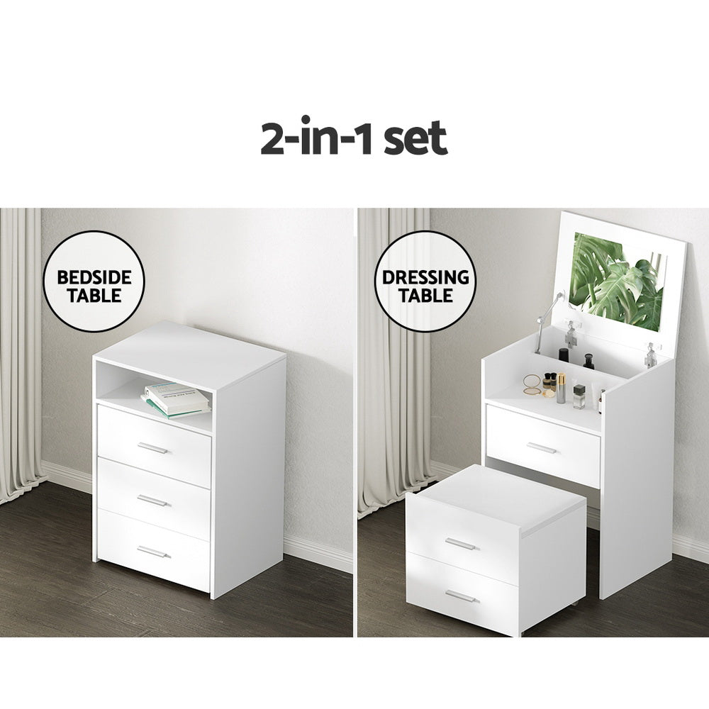 Artiss 2-in-1 Dressing Table Stool Set Bedside Table White-3