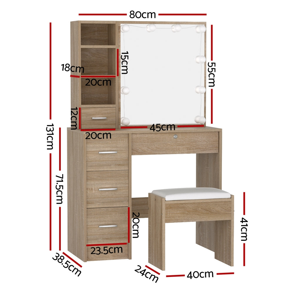 Artiss Dressing Table Set Stool 10 Led Bulbs Wood-1