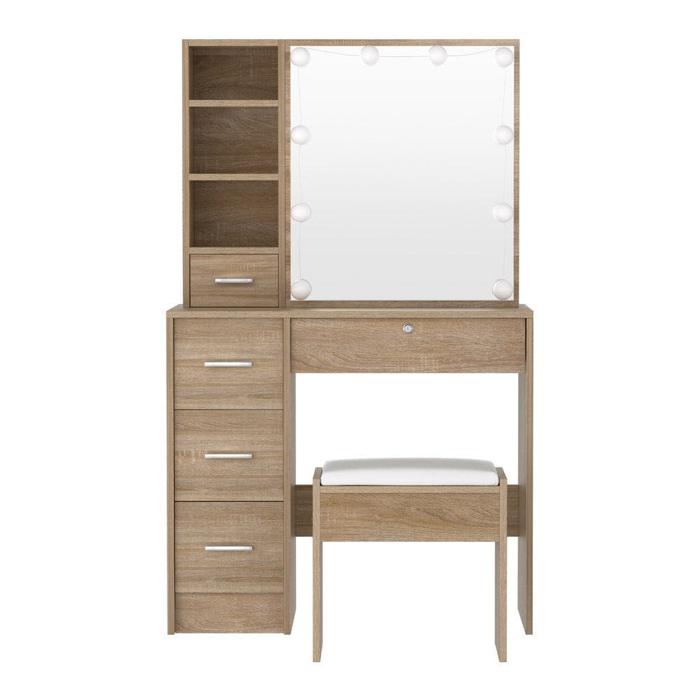 Artiss Dressing Table Set Stool 10 Led Bulbs Wood-2