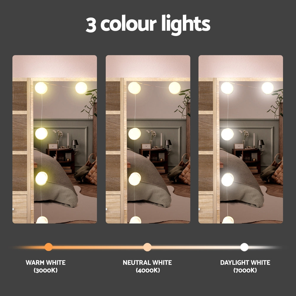 Artiss Dressing Table Set Stool 10 Led Bulbs Wood-3