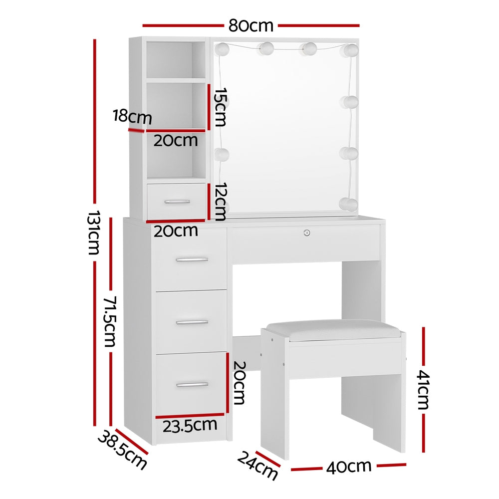 Artiss Dressing Table Set Stool 10 Led Bulbs White Dylan-1