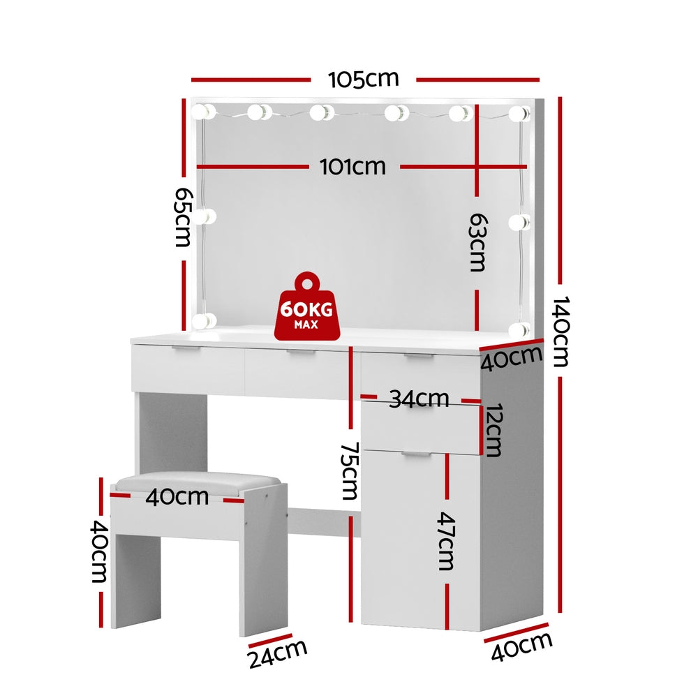 Artiss Dressing Table Set Stool 10 Led Bulbs White-2