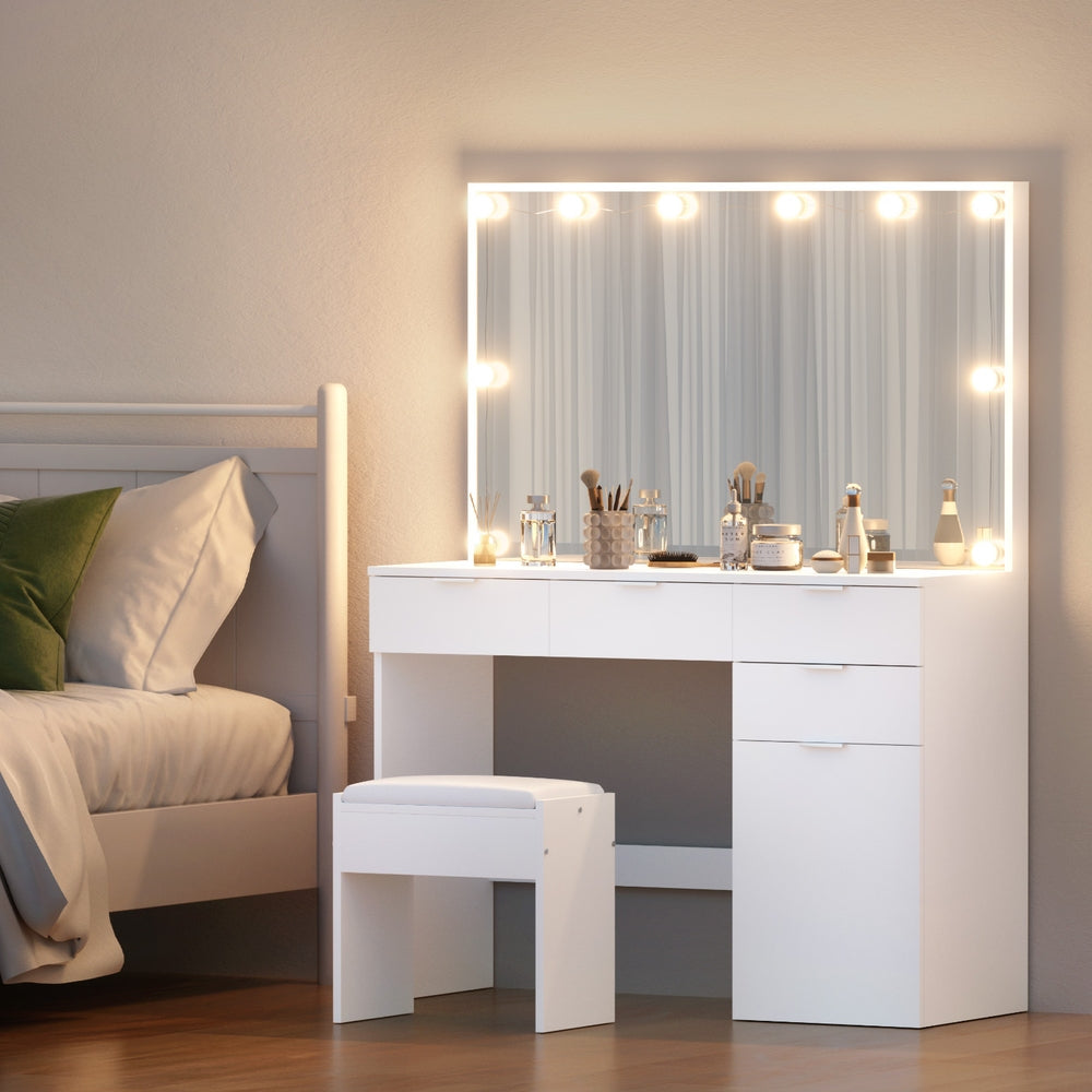 Artiss Dressing Table Set Stool 10 Led Bulbs White-7