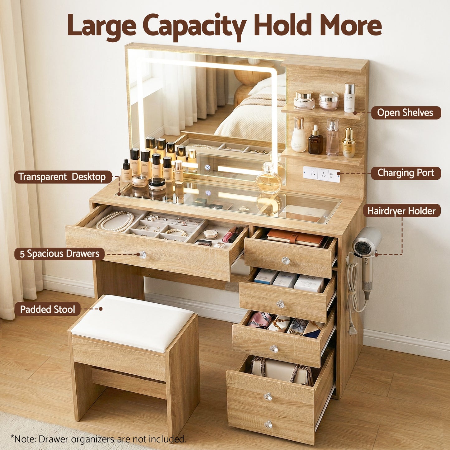 Artiss Dressing Table LED Vanity Desk Set Stool Wood-5