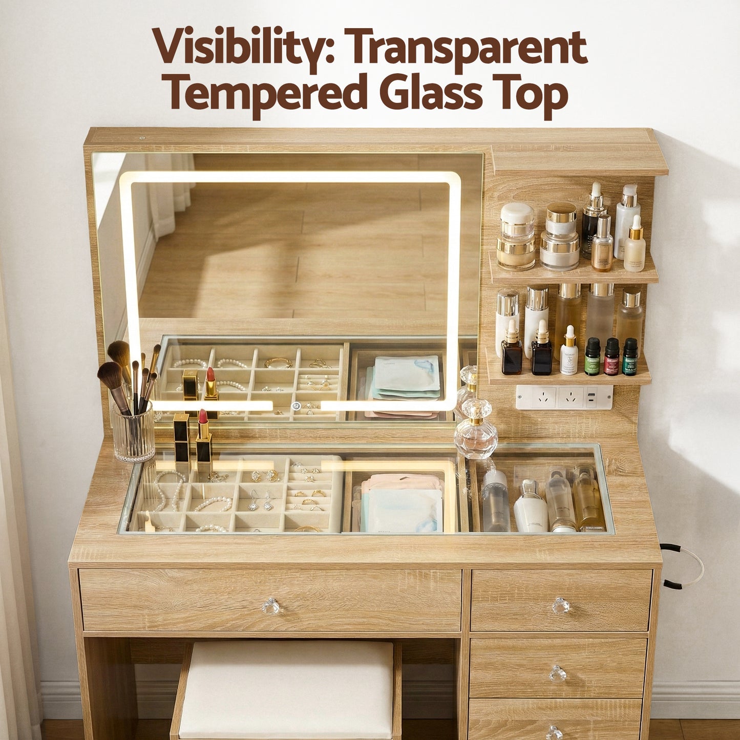 Artiss Dressing Table LED Vanity Desk Set Stool Wood-6