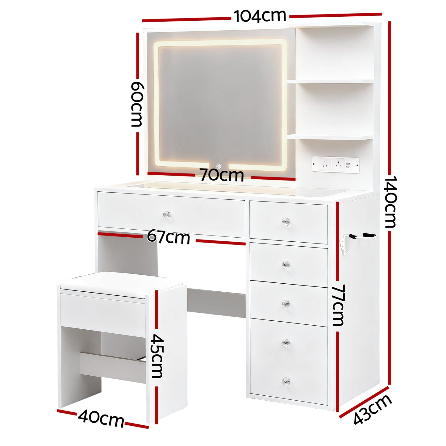 Artiss Dressing Table LED Vanity Desk Set Stool White-2