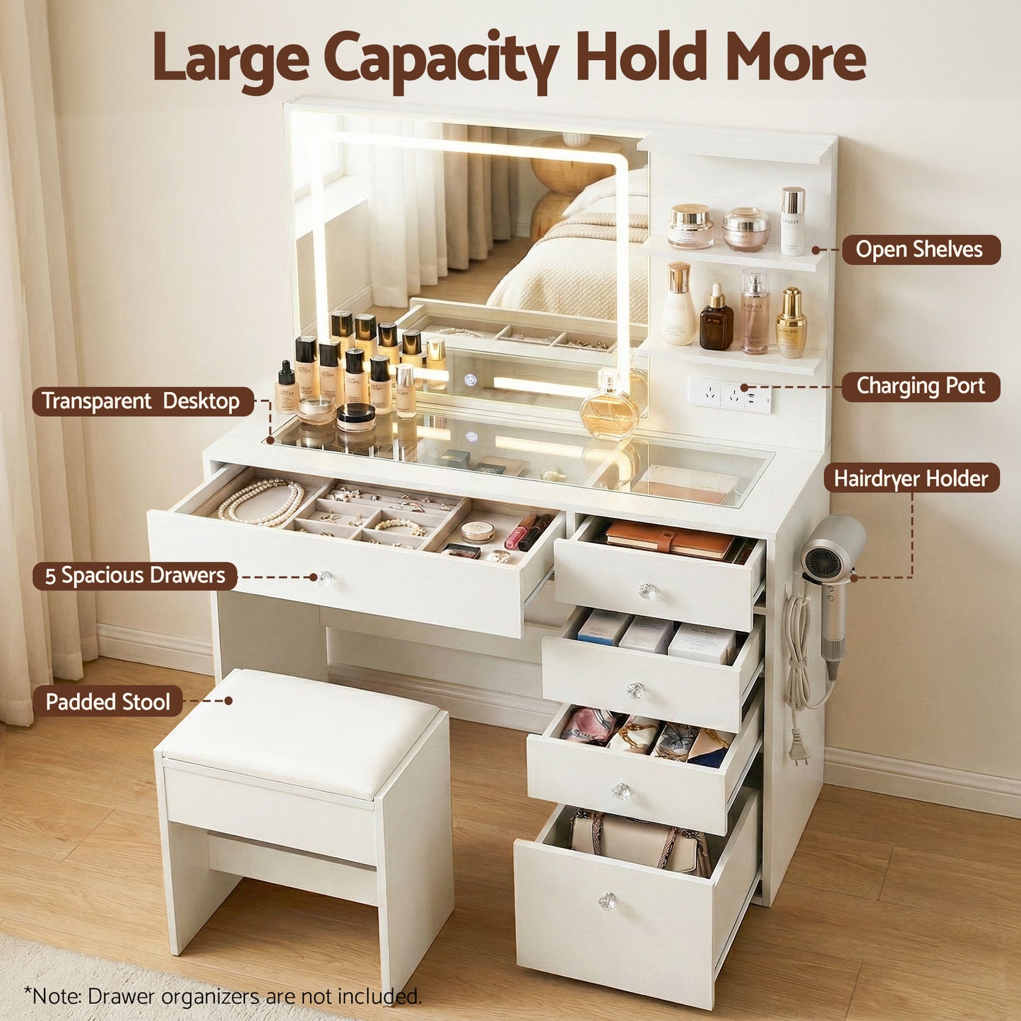 Artiss Dressing Table LED Vanity Desk Set Stool White-5