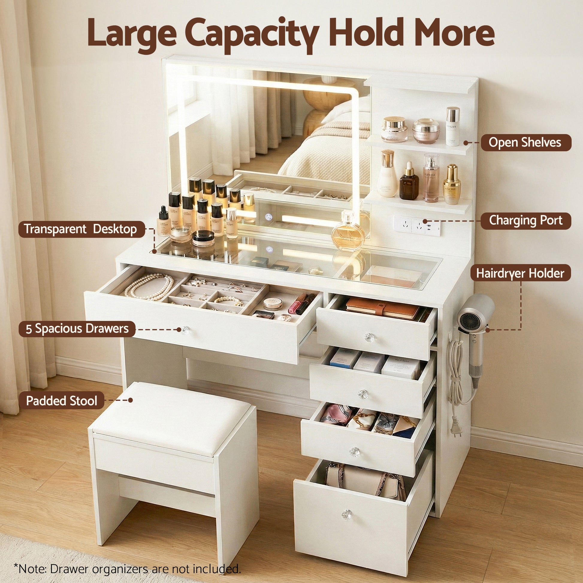 Artiss Dressing Table LED Vanity Desk Set Stool White-5