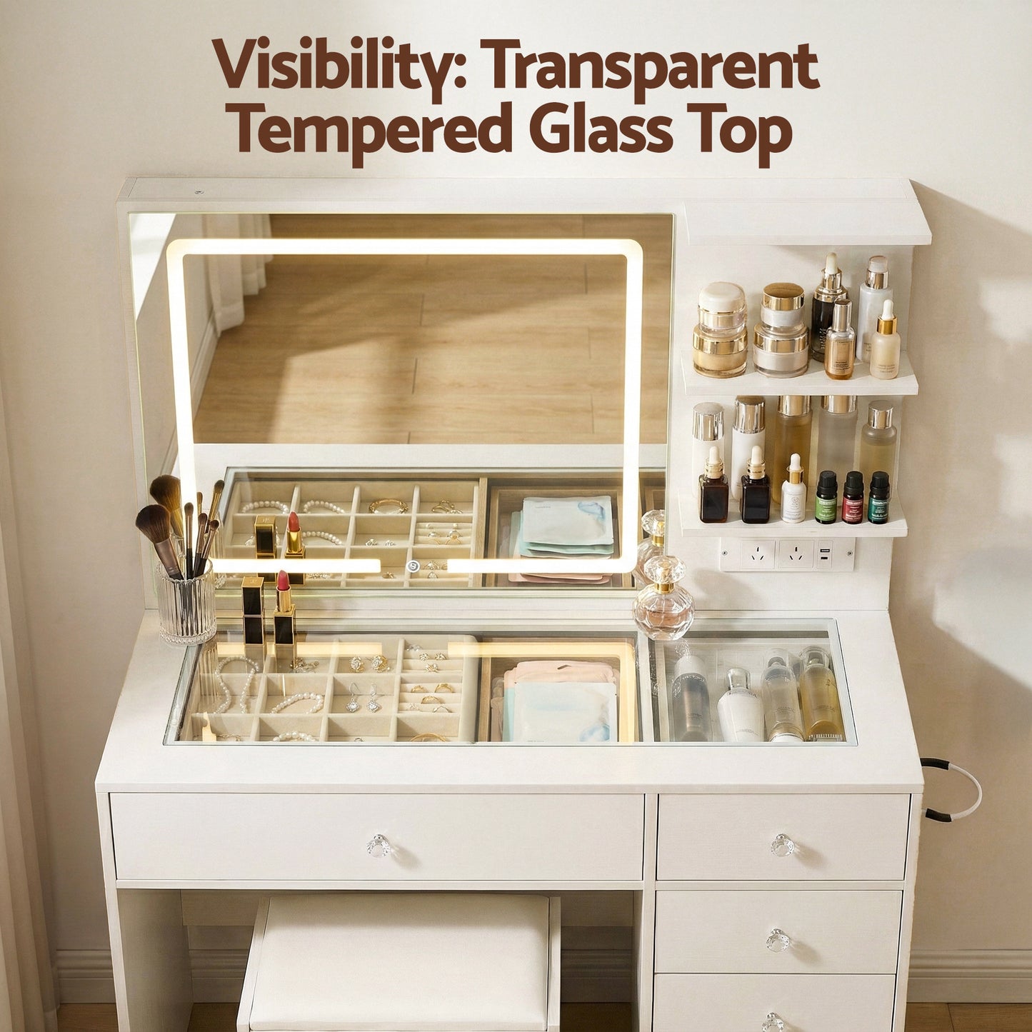 Artiss Dressing Table LED Vanity Desk Set Stool White-6