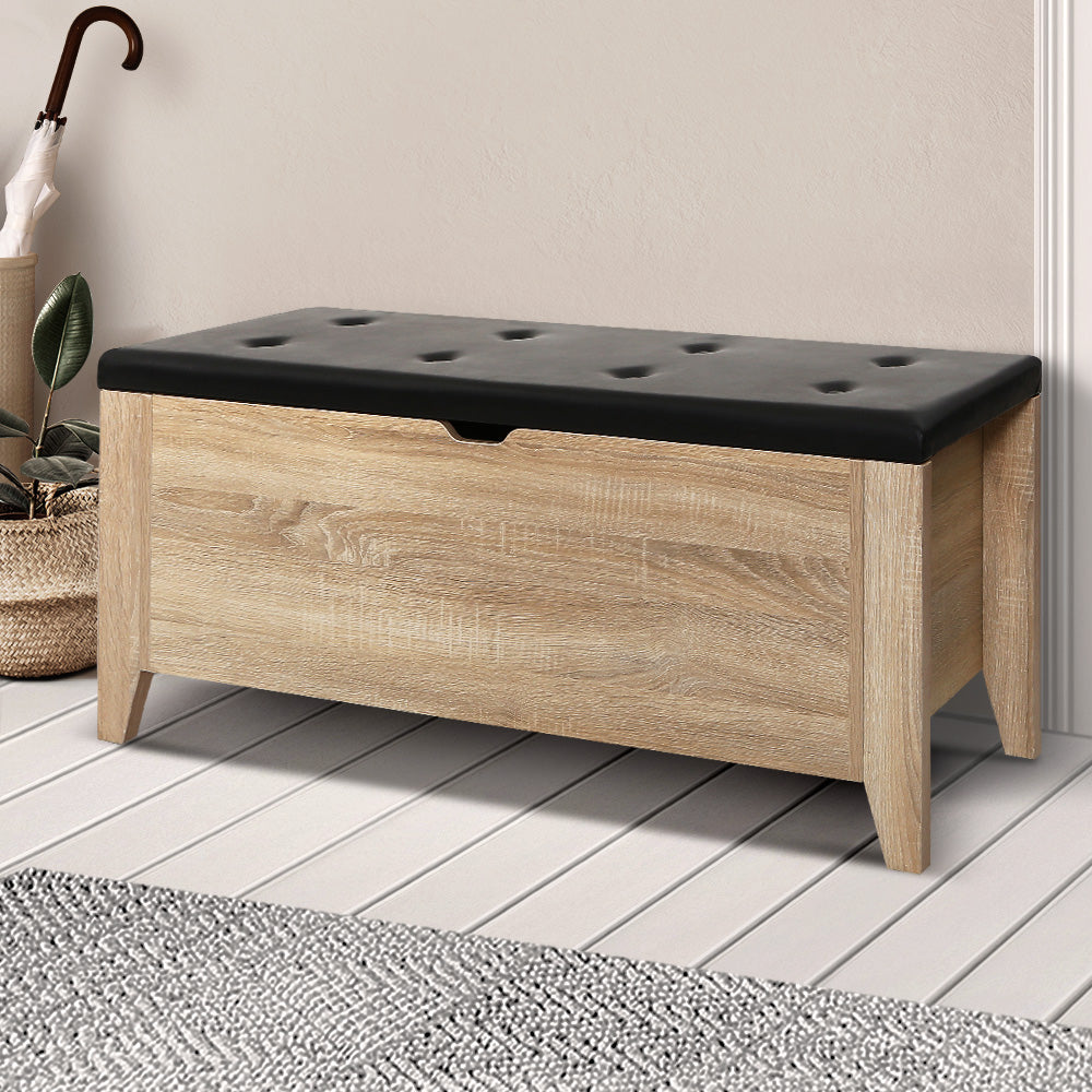 Artiss Storage Ottoman Blanket Box Leather Oak-7