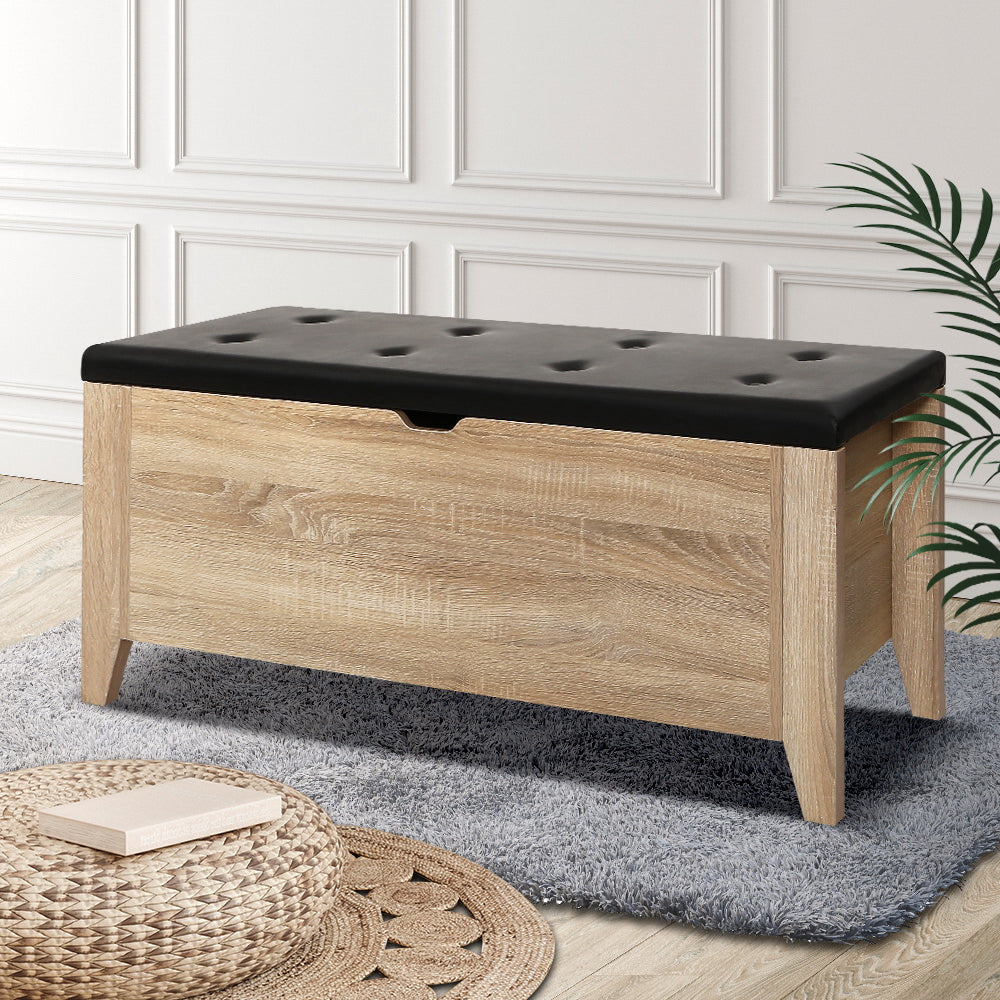 Artiss Storage Ottoman Blanket Box Leather Oak-0