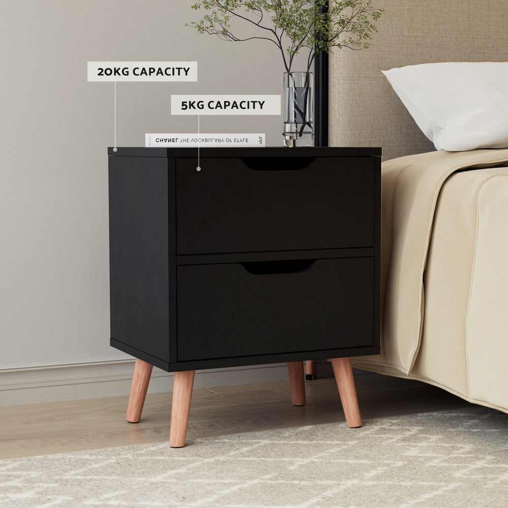 Artiss 2 x Bedside Table 2 Drawers - BODEN Black-4