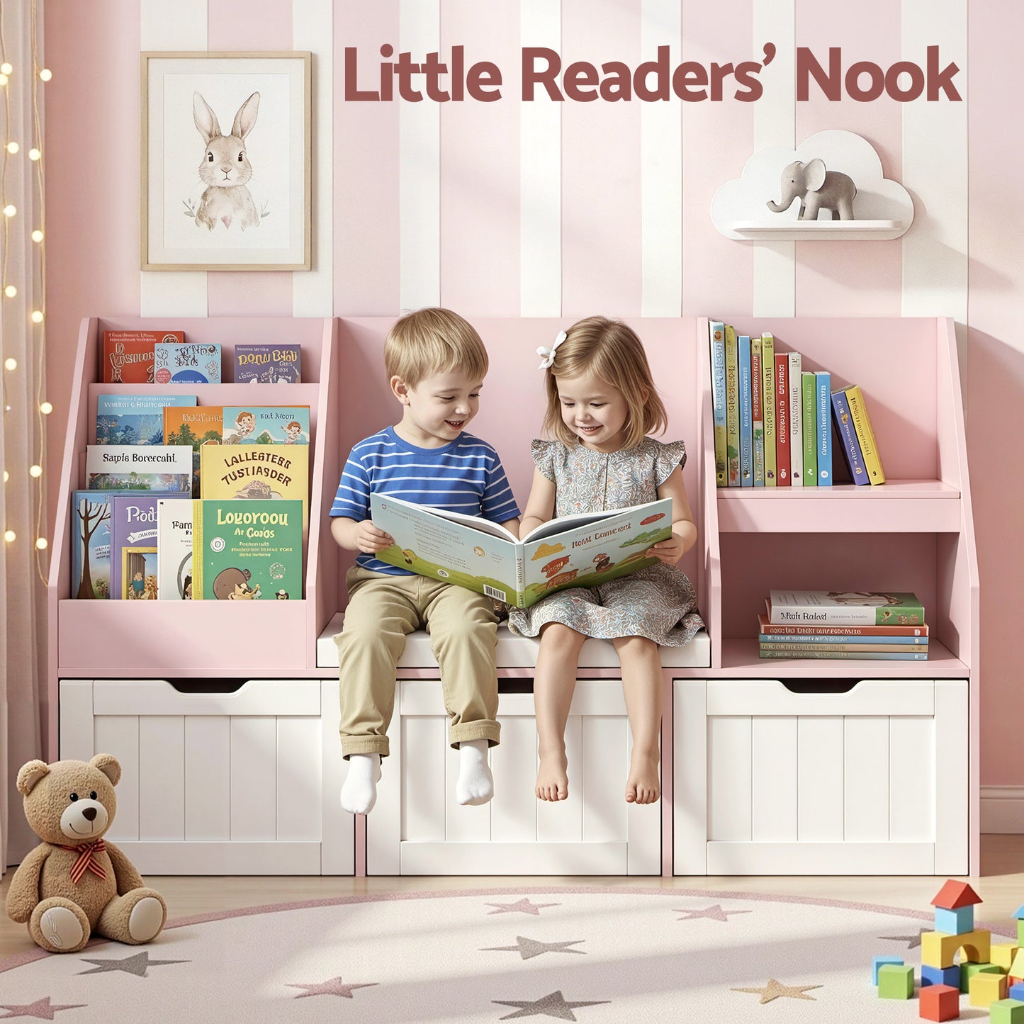 Keezi Kids Bookshelf Storage Organiser Toy Box Drawer Bench Seat Cabinet Pink-4