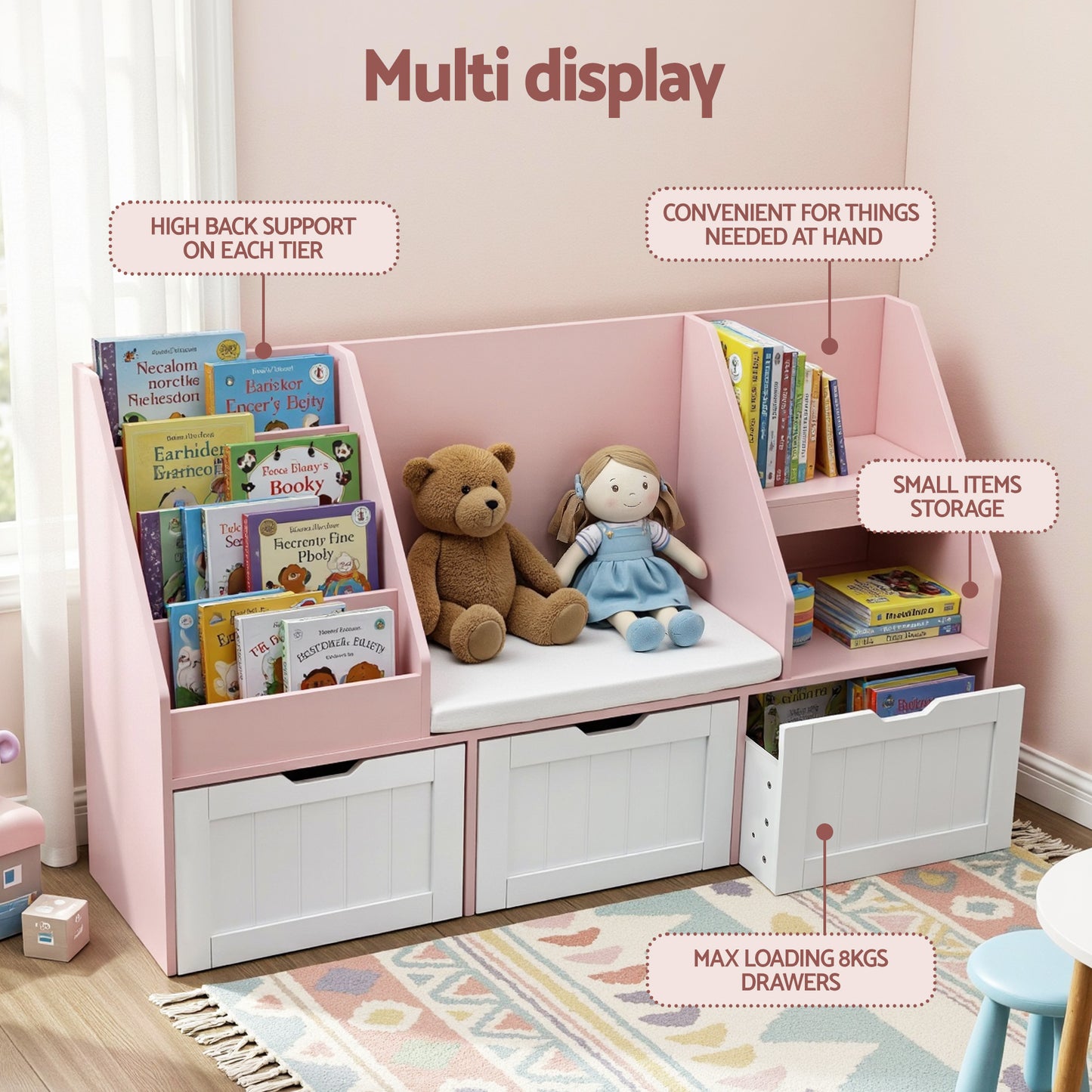 Keezi Kids Bookshelf Storage Organiser Toy Box Drawer Bench Seat Cabinet Pink-5