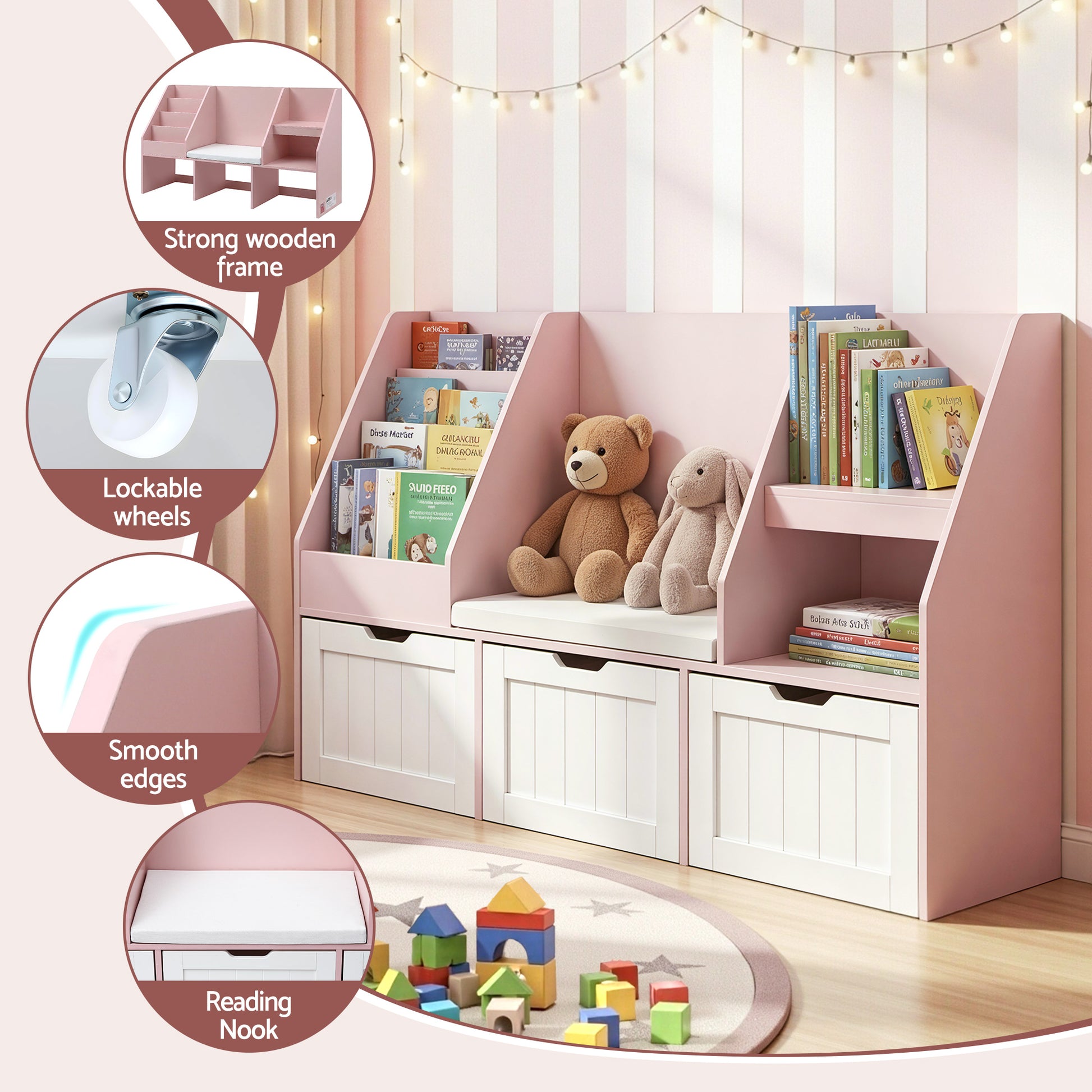 Keezi Kids Bookshelf Storage Organiser Toy Box Drawer Bench Seat Cabinet Pink-6