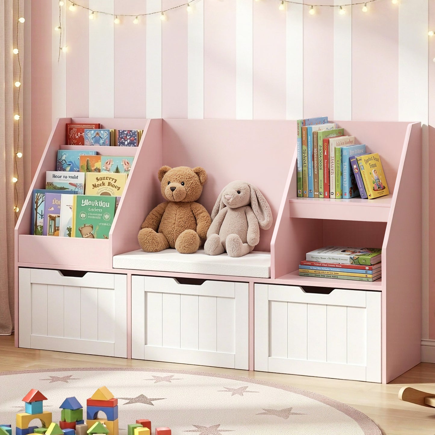 Keezi Kids Bookshelf Storage Organiser Toy Box Drawer Bench Seat Cabinet Pink-7