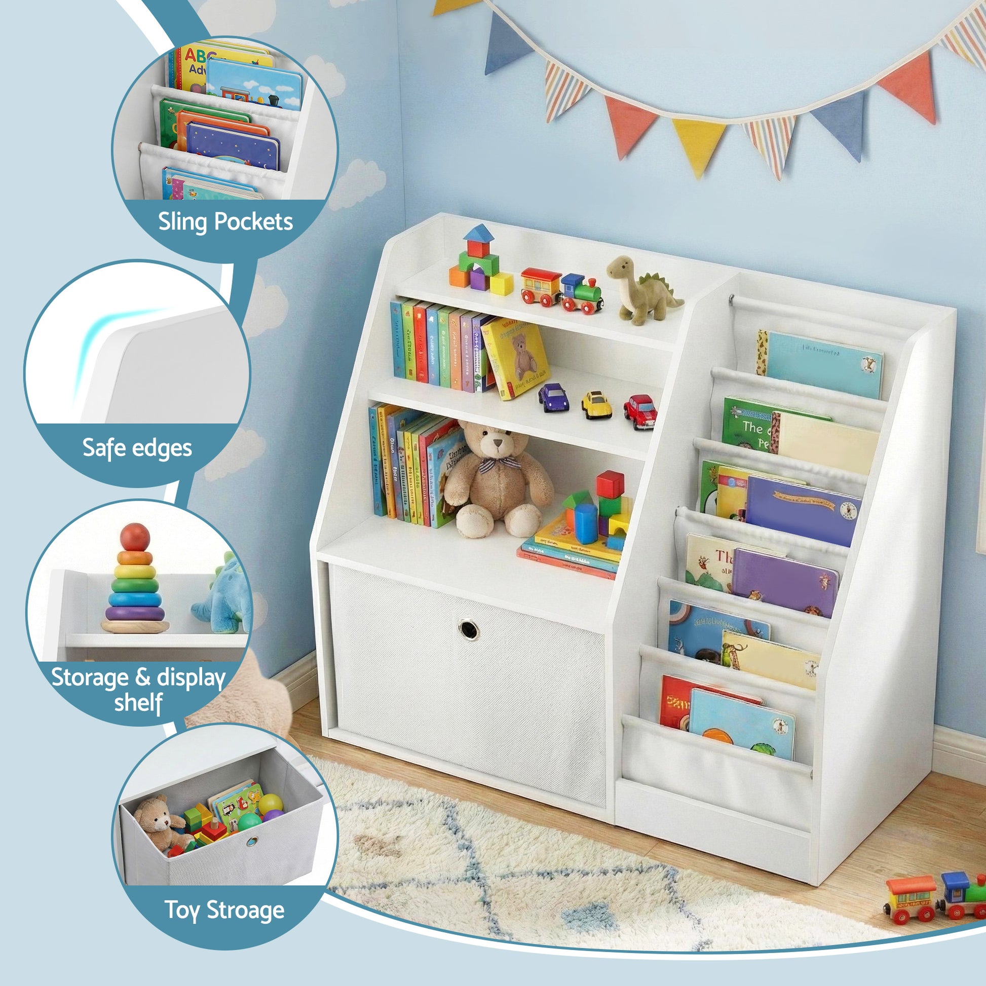 Keezi Kids Bookshelf Children Bookcase Organizer Storage Rack Display Drawer White-6
