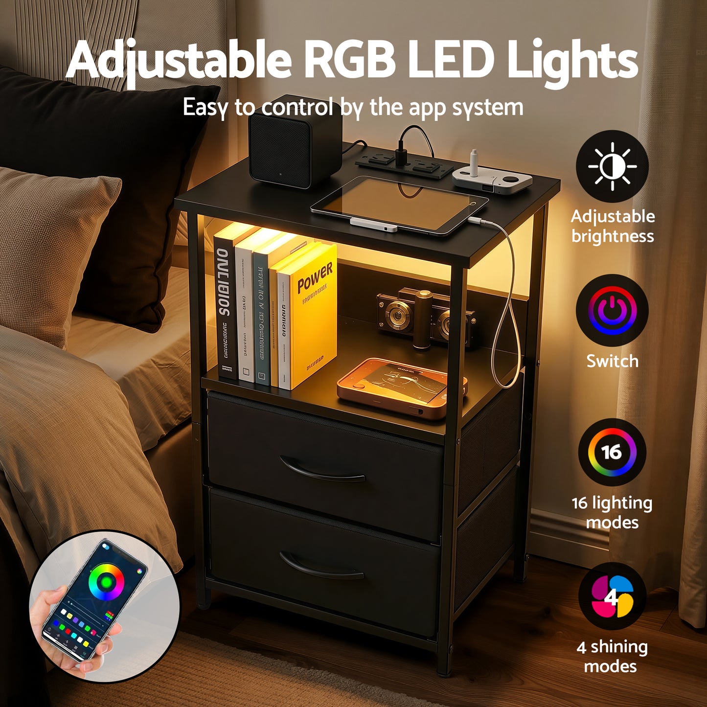 Artiss Bedside Table LED Nightstand Charging Station 2 Drawers Foldable Black