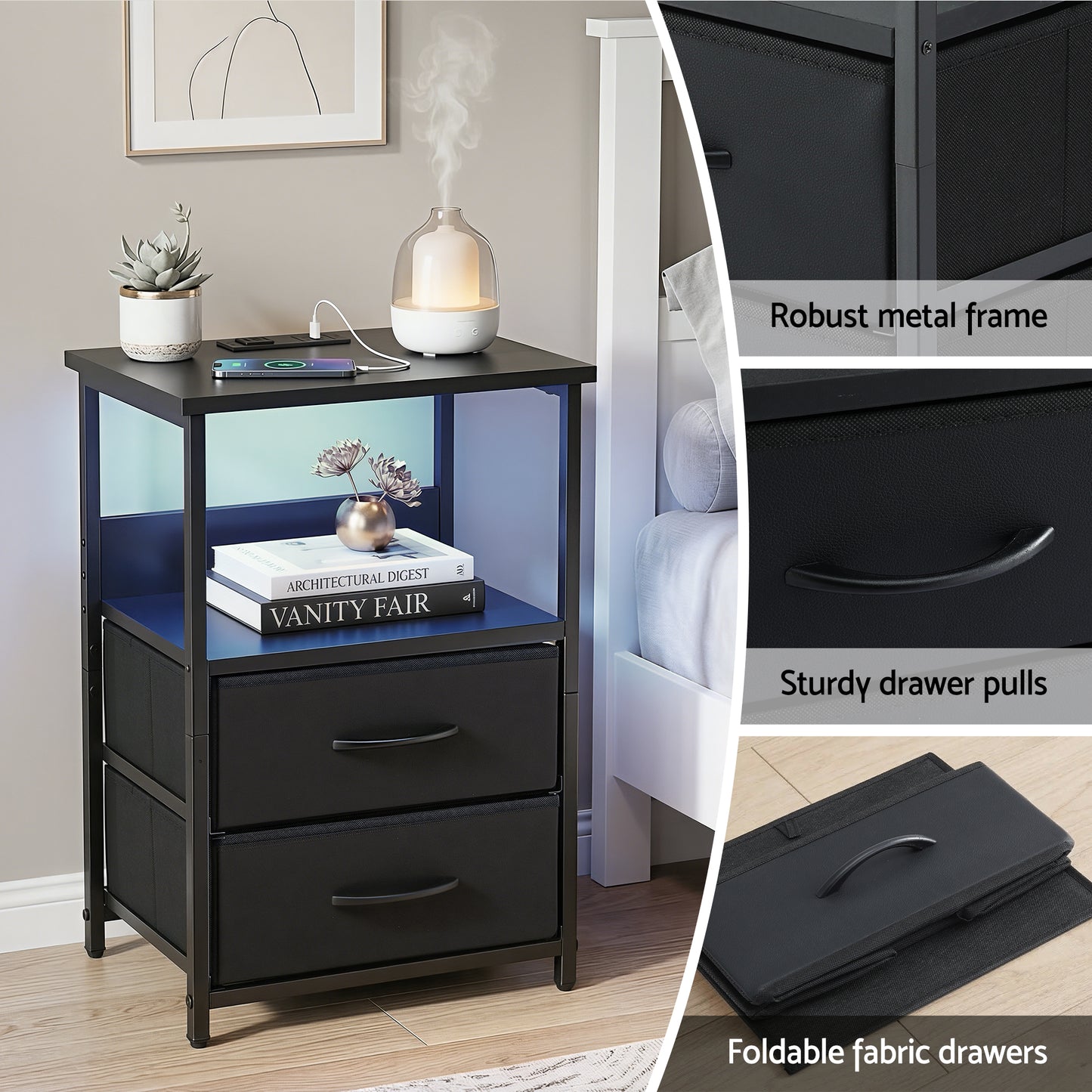 Artiss Bedside Table LED Nightstand Charging Station 2 Drawers Foldable Black