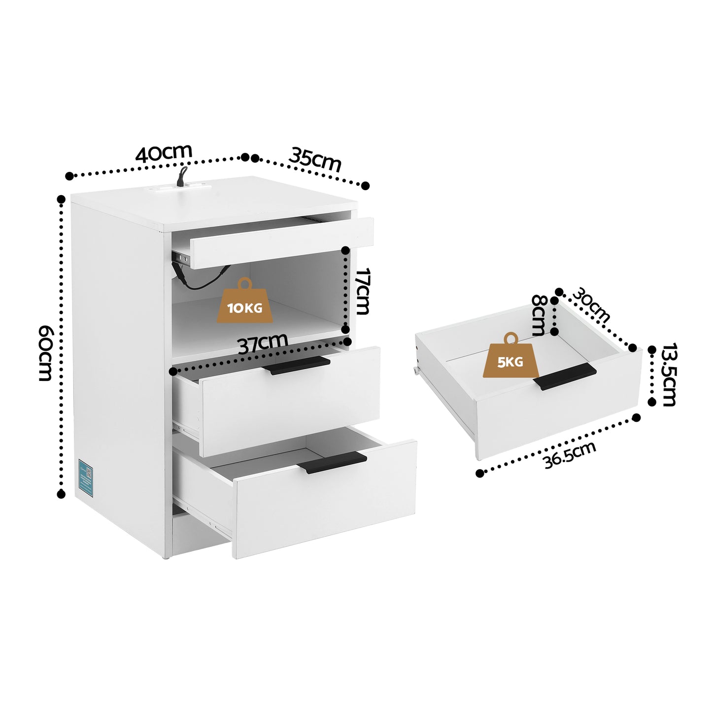 Artiss Bedside Table LED Nightstand Charging Station 2 Drawers - White