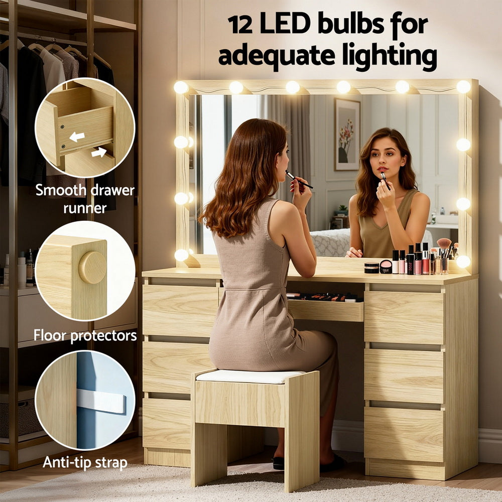 Artiss Dressing Table Vanity Desk Set Stool 12 Led Bulbs Wood-6
