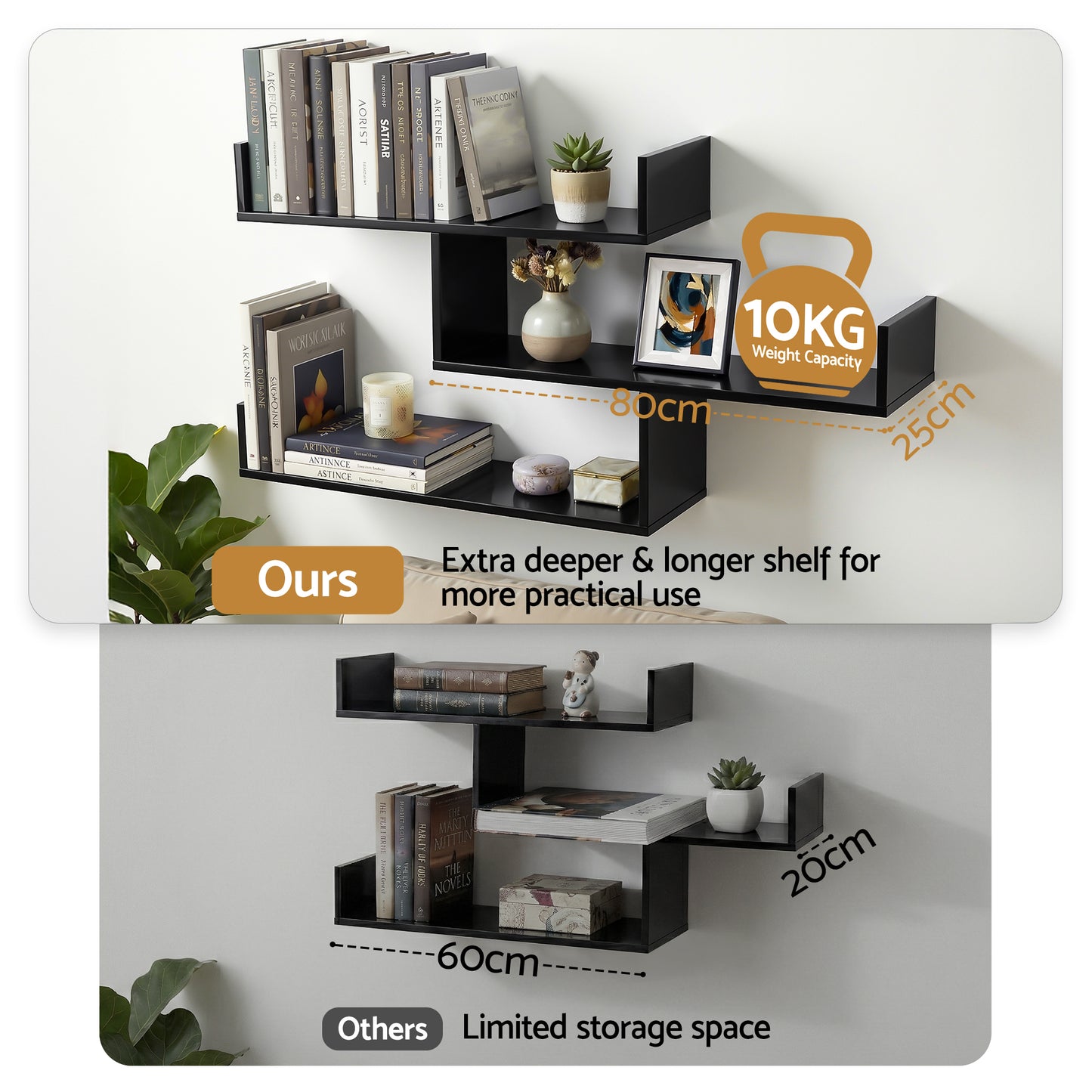 Artiss Floating Wall Shelf 3 Tier Black-4