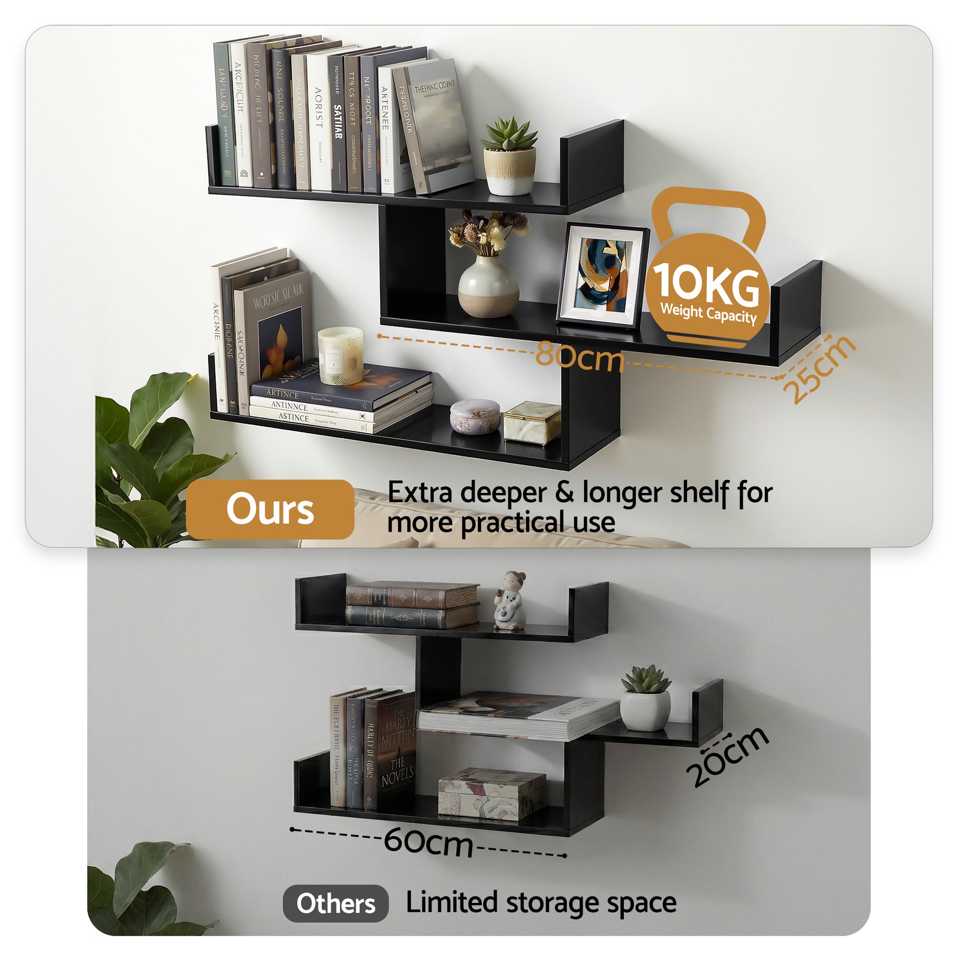 Artiss Floating Wall Shelf 3 Tier Black-4