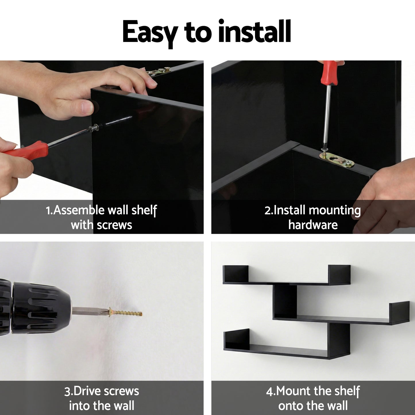 Artiss Floating Wall Shelf 3 Tier Black-5