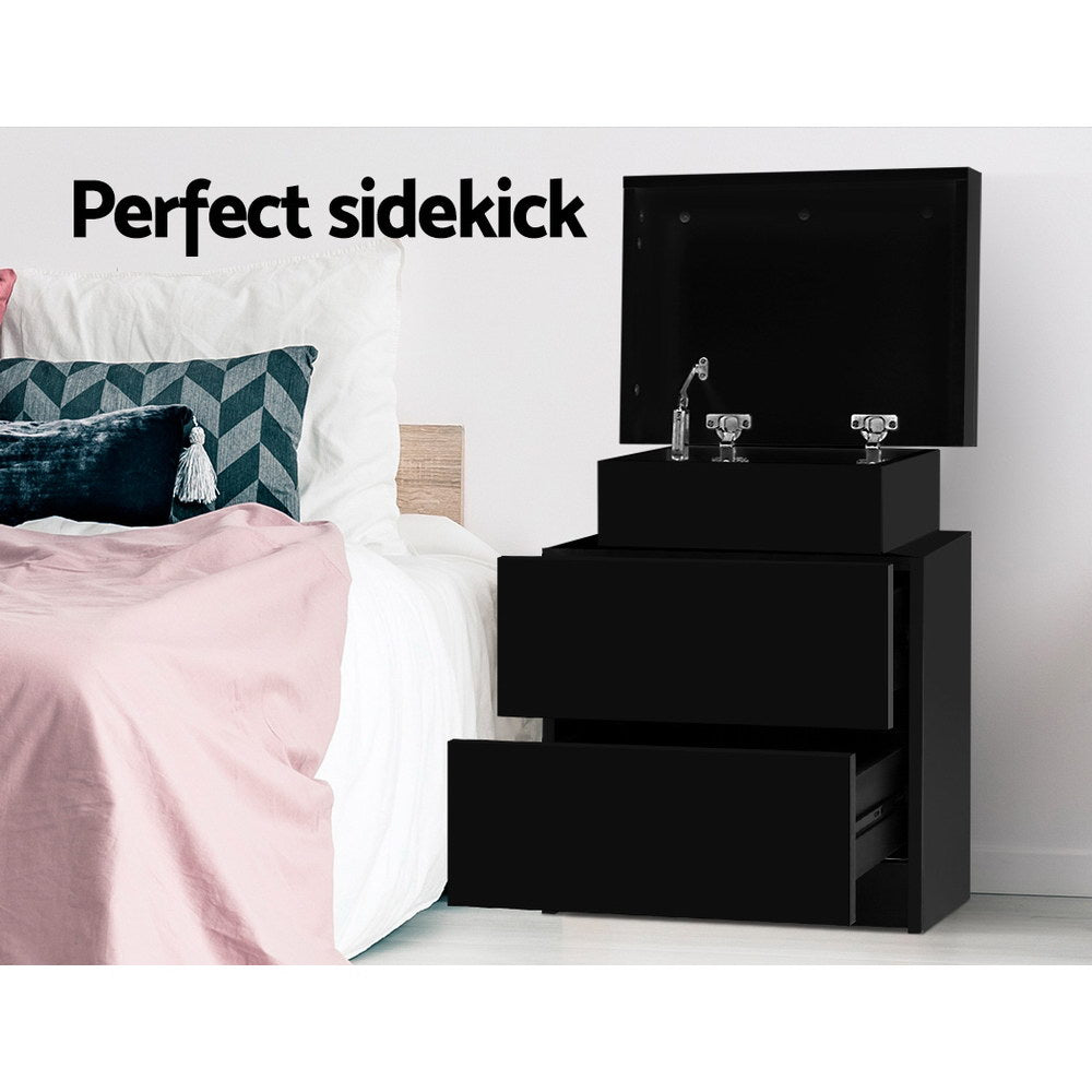 Artiss Bedside Table 2 Drawers Lift-up Storage - COLEY Black-2