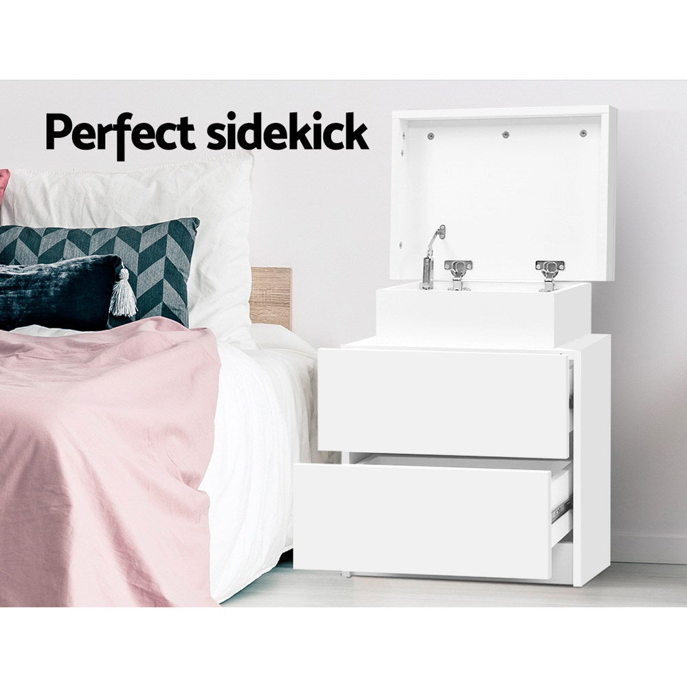 Artiss Bedside Table 2 Drawers Lift-up Storage - COLEY White-2