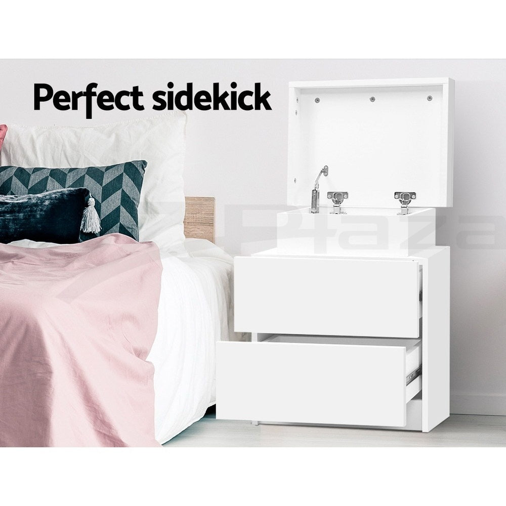Artiss 2X Bedside Table 2 Drawers Lift-up Storage White-3