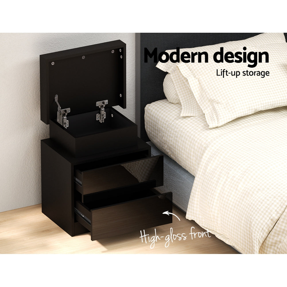 Artiss Bedside Table LED 2 Drawers Lift-up Storage - COLEY Black-4