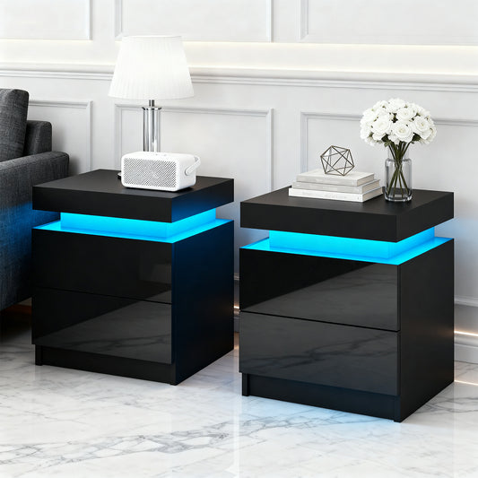 Artiss 2X Bedside Table LED 2 Drawers Lift-up Storage - COLEY Black-0