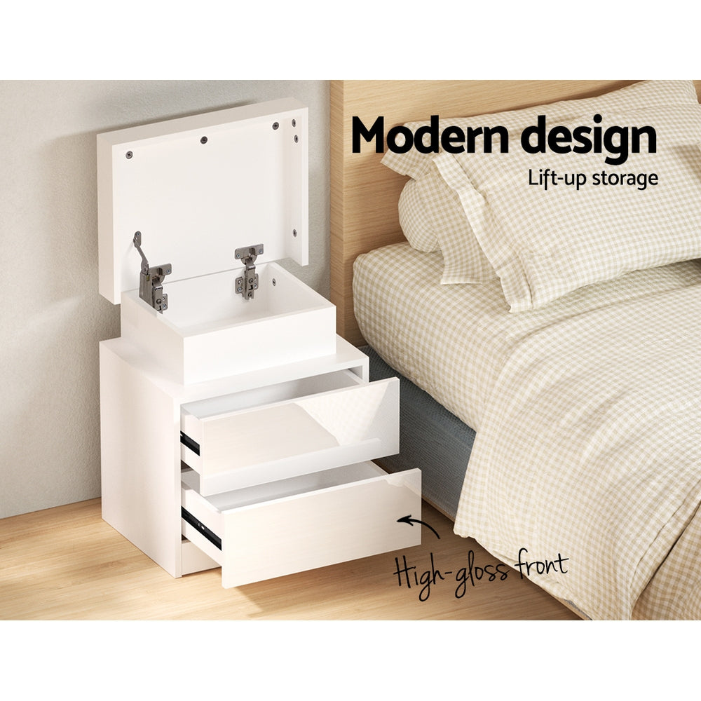 Artiss Bedside Table LED 2 Drawers Lift-up Storage - COLEY White-4