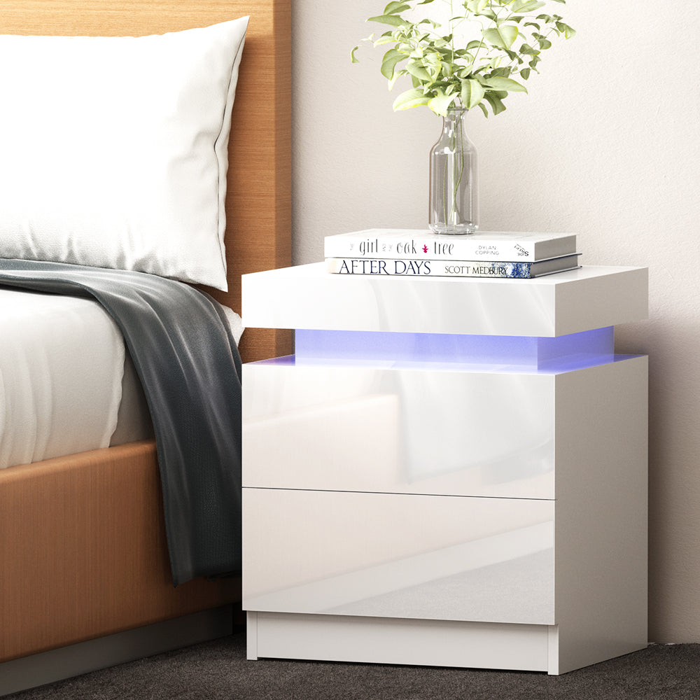 Artiss Bedside Table LED 2 Drawers Lift-up Storage - COLEY White-7