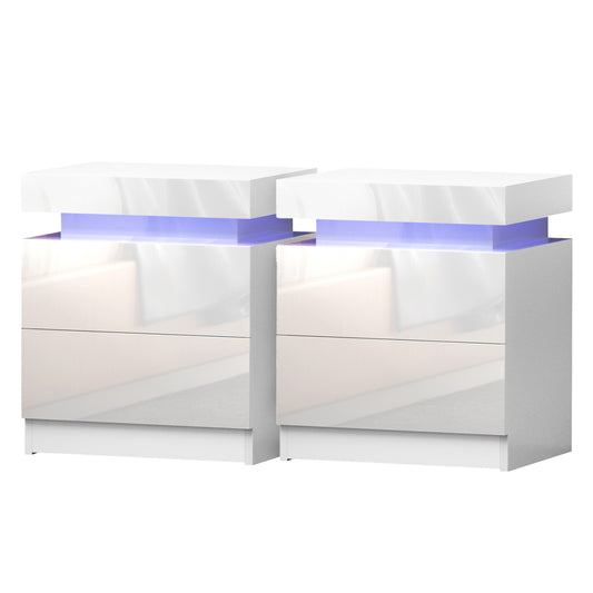 Artiss 2X Bedside Table LED 2 Drawers Lift-up Storage - COLEY White-0