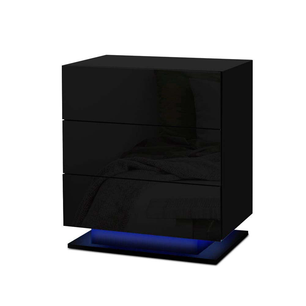 Artiss Bedside Table LED 3 Drawers - MORI Black-0